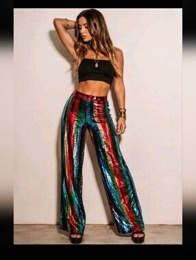 New Kaylee Kollection Sequined Rainbow Pants Glittery Disco Festival Rave Small